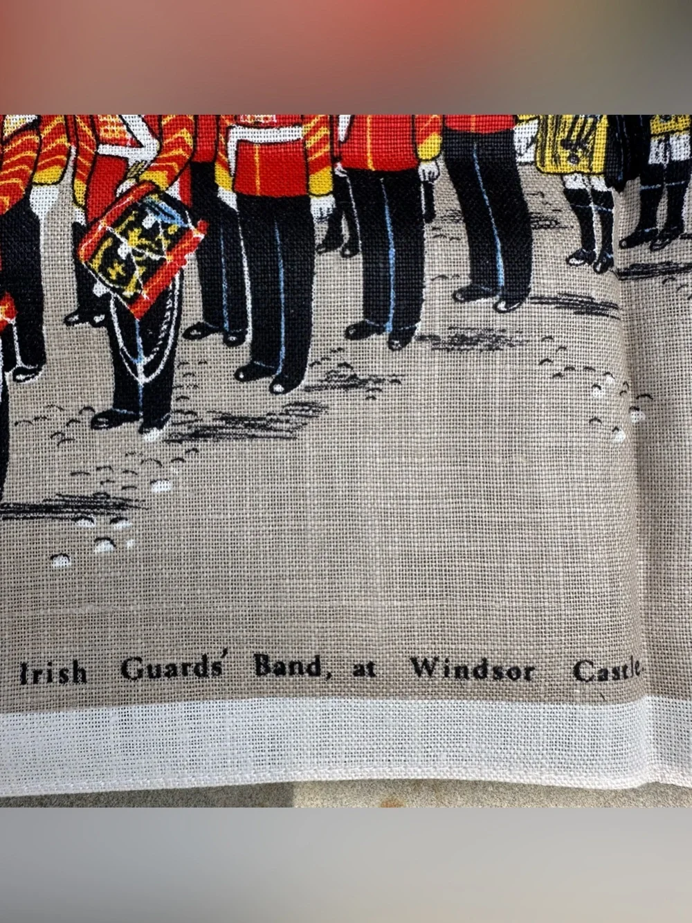 Vintage Irish Cabins Linen Souvenir Tea Towel Windsor Castle Irish Guards' Band